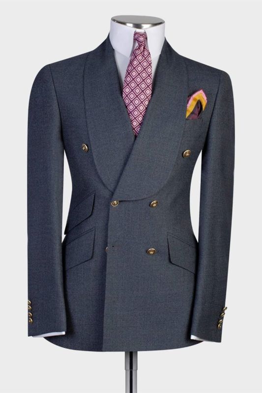 Dark Gray Shawl Lapel Double Breasted Men's Suit