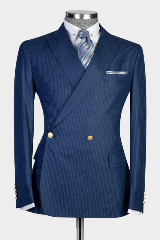 Navy Point Collar Double Breasted Two-Piece Men's Suit