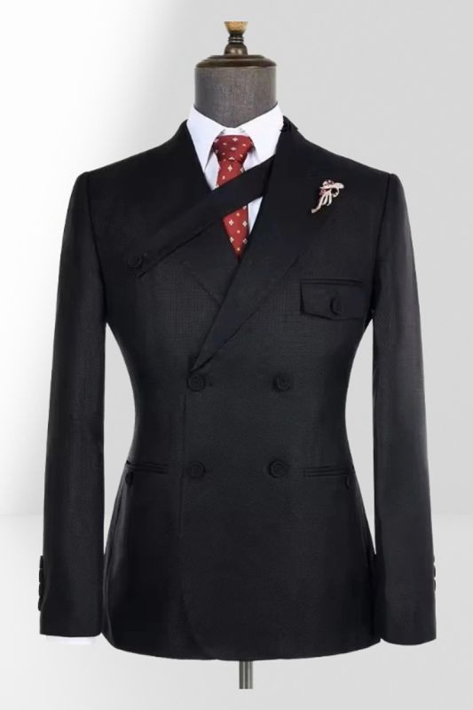 Tony Black Men Peak Collar Slim Fit Double Breasted Two Piece Business Suit