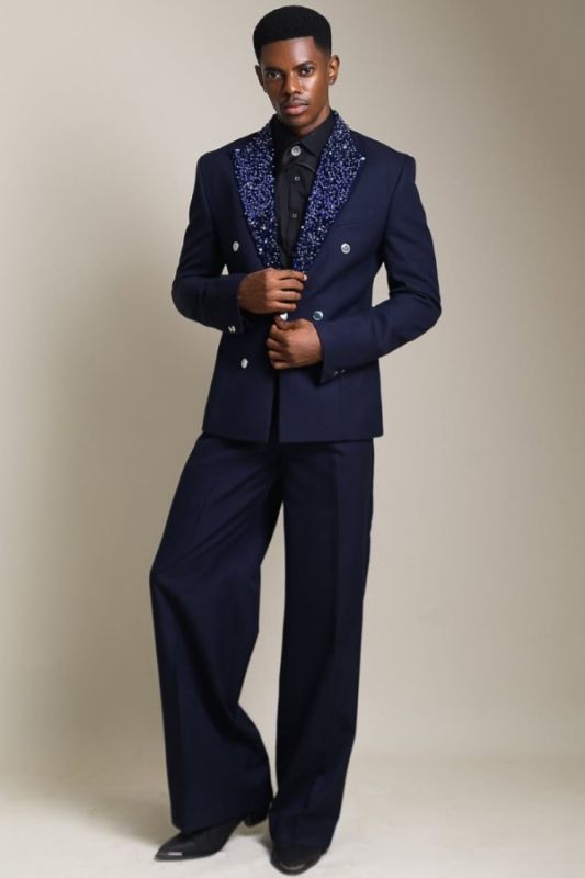 Brady Special Dark Navy Double Breasted Two Piece Prom Suits With Sequin Lapel