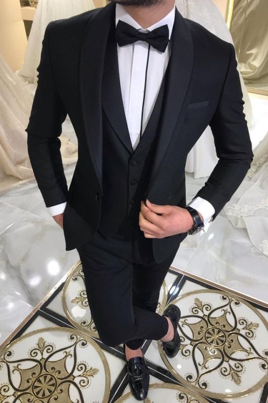 Three Piece Black Men Suits For Groom | Shawl Lapel Wedding Tuxedos With Waistcoat