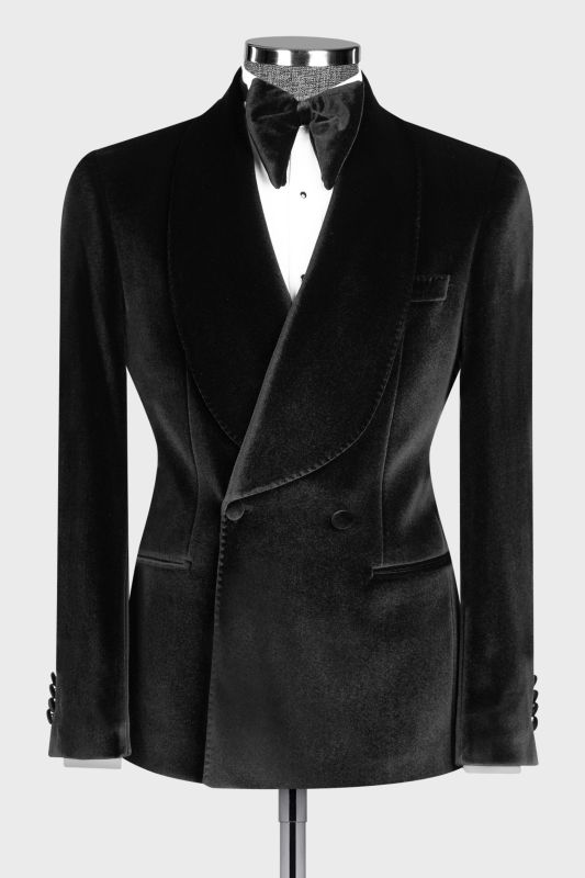Fashion Slim Fit Black Velvet Double Breasted Men Two Piece Prom Suit