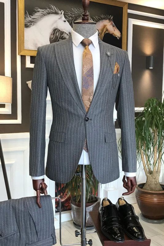 Modern Grey Herringbone Striped Mens One Button Two Piece Suit