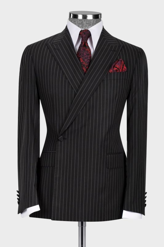 Black Striped One Button Peak Collar Business Mens Two Piece Suit
