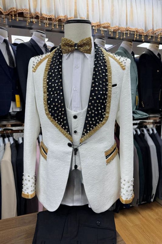 Luxurious White Shawl Collar Single Breasted Three Piece Prom