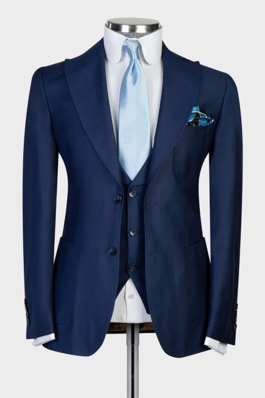 Dud Navy Peaked Lapel three-Pieces Busibess Men Suits