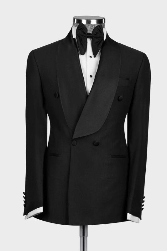 Black Double Breasted Flap Wool Blend Shawl Collar Men Wedding Suit