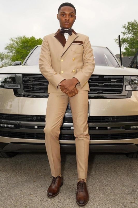 Chic Khaki Double Breasted Two Pieces Prom Suits With Velvet Lapel