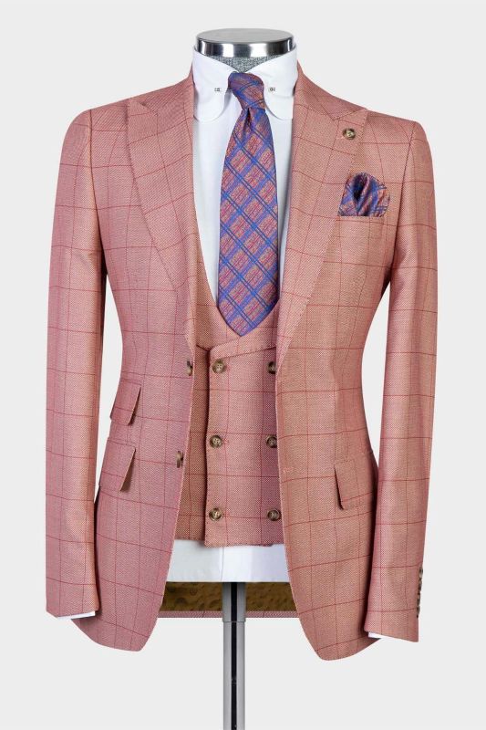 Fashion Pink Plaid Slim Pointed Collar Three Piece Men Suit