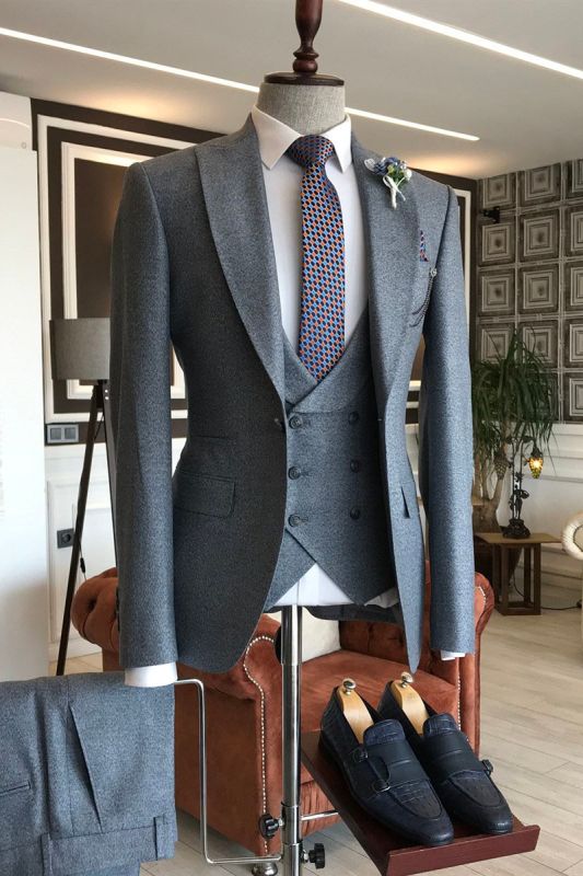 Dark Grey 3-Piece Point Lapel One Button Formal Business Suit