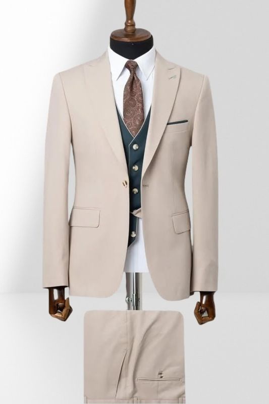 Khaki Single Breasted Groom Three Piece Wedding Suit With Dark Green Vest