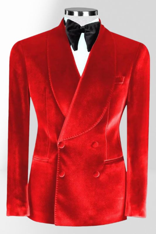 Red Velvet Shawl Collar Double Breasted Men Two Piece Tuxedo