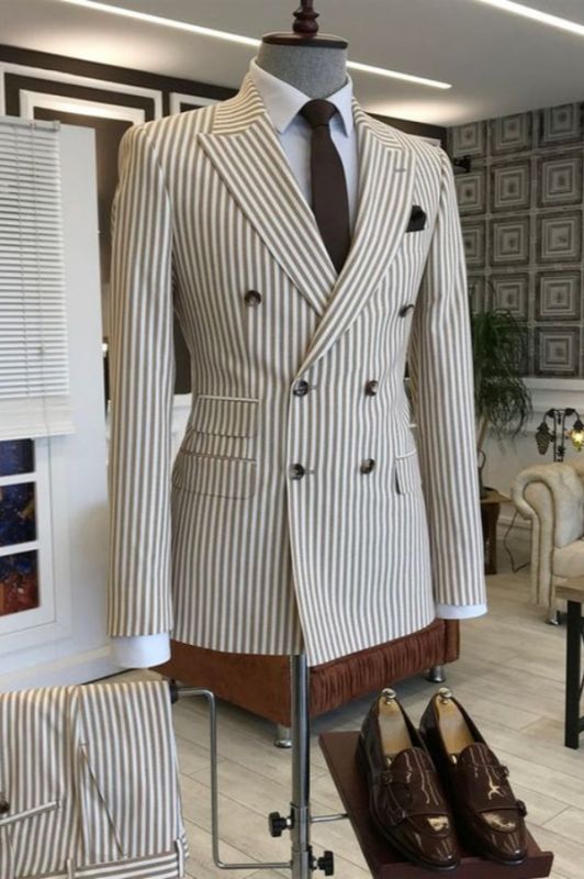 Bright Slim Pinstripe Khaki Double Breasted Formal Two Pieces Business Suit