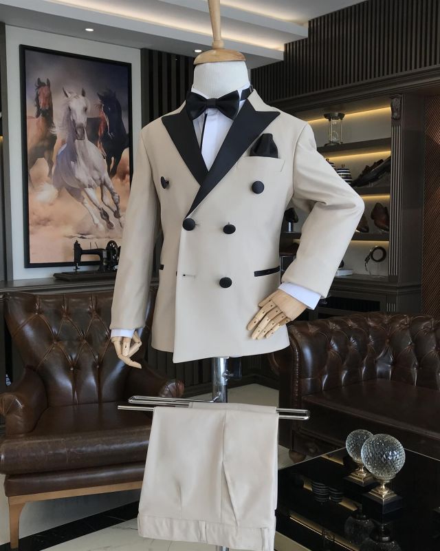 Beige Slim Fitting Double Breasted Tuxedo Suit｜Two Piece Boys Suit