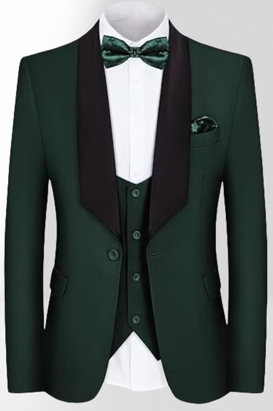 Dark Green Slim Fit Black Shawl Collar Single Breasted Men's Three Piece Prom Suit