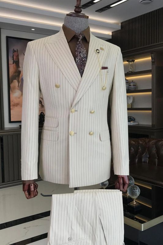 Elegant Beige Peak Collar Double Breasted Mens Pinstripe Two Piece Suits