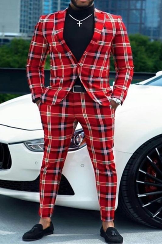 Sebastian Red Plaid One Button Formal Business Mens Suit