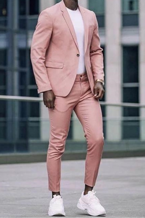 2 Piece Notched Lapel Pink Mens Suits for Casual with Flap Pockets