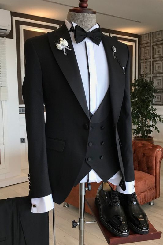 Owen Black Three Piece Wool Blend Peak Lapel Slim Fit Business Suit Men