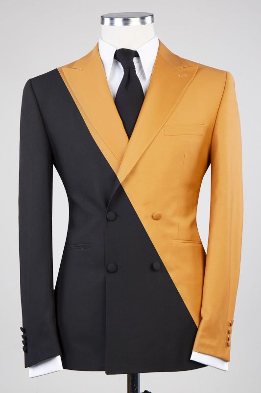 Golden Yellow and Black Spike Lapels Double Breasted Chic Prom Suit