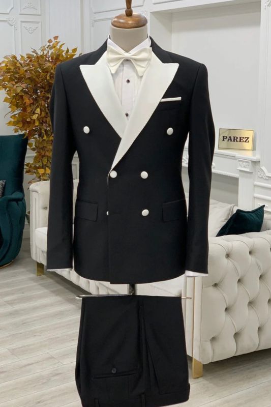 Handsome Black Peaked Collar Double Breasted Men Two Piece Suit