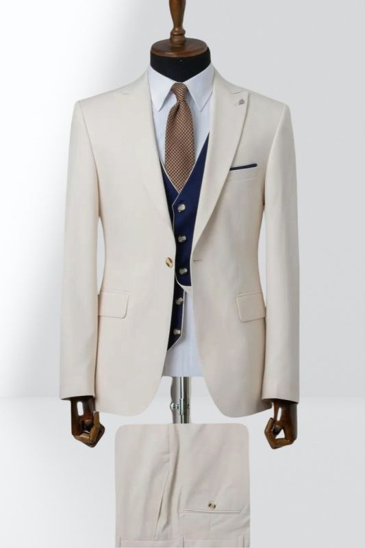 Beige Single Breasted Groom Three Piece Wedding Suit With Dark Blue Vest