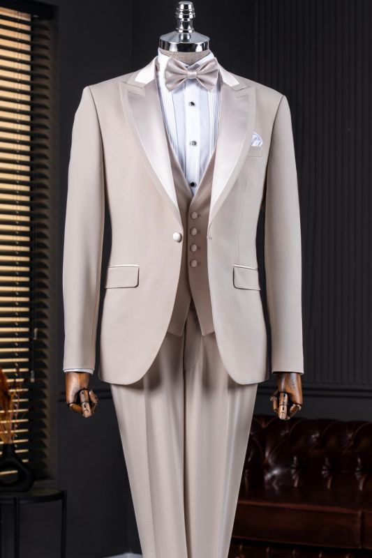 Three Piece Spliced Satin Peaked Lapel Light Gray Men Wedding Suit