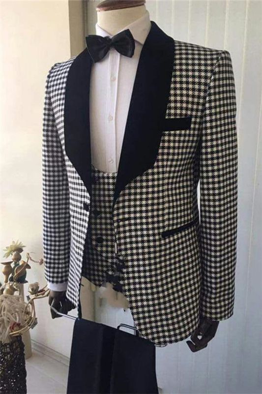 Lapel Shawl Plaid Prom Suit Three Pieces | Black Formal Business Men Suit