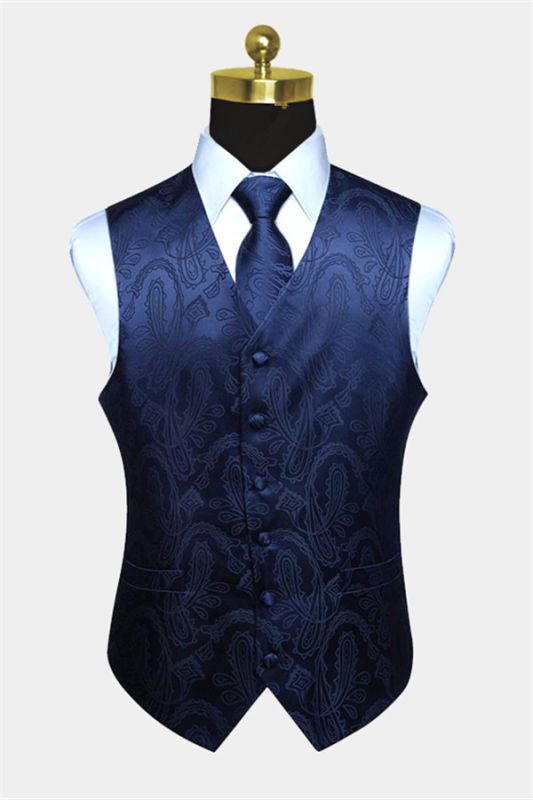 Navy Blue Paisley Prom Suits Men Vest Set