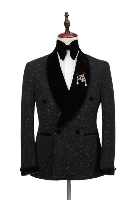 Edward Shawl Lapel Double Breasted Shiny Black Wedding Suit