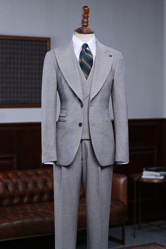 Uriah Fashion Grey Plaid 3 Piece Mens Slim Fit Suit