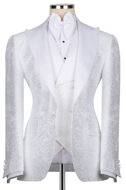 Stylish White Jacquard Peaked Lapel Three Pieces Prom Suits