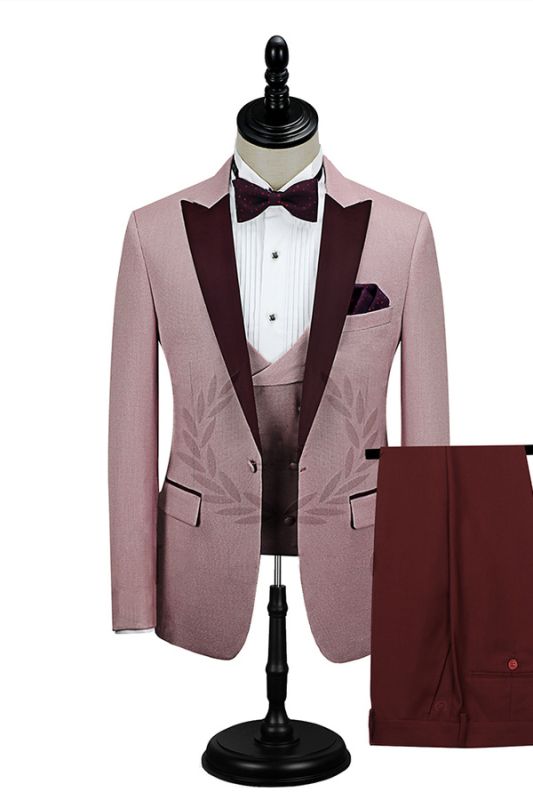 Burgundy Peak Lapel Men Prom Suit | Pink One Button Wedding Tuxedo For Men