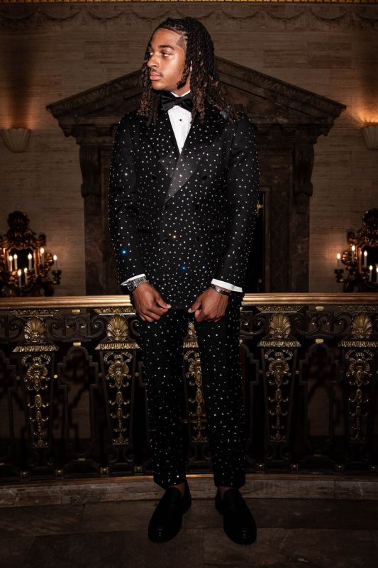 Black Crystal Rhinestone Double Breasted Men's Tuxedo Suit for Wedding Prom Black Tie Events