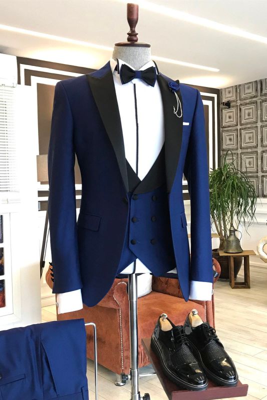 Noah Royal Blue 3 Piece Black Point Lapel Business Mens Suit