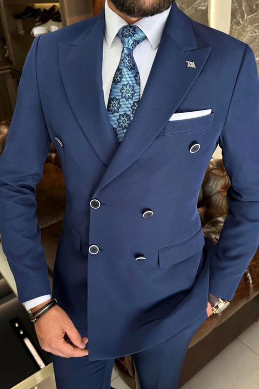 Italian Simple Blue Pointed Collar Double Breasted Two Piece Slim Fit Suits