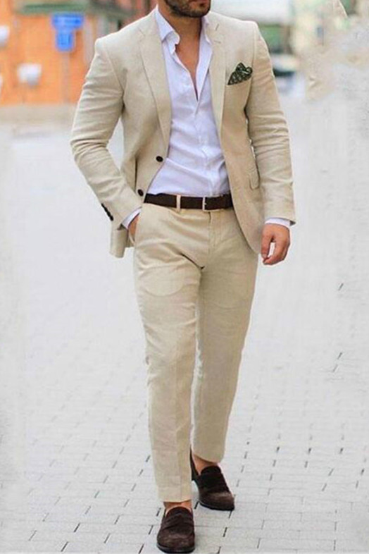 Ivory Casual Summer 2-Piece Linen Blazer Men Suit | Beige Slim Fit Groom Wedding Tuxedo