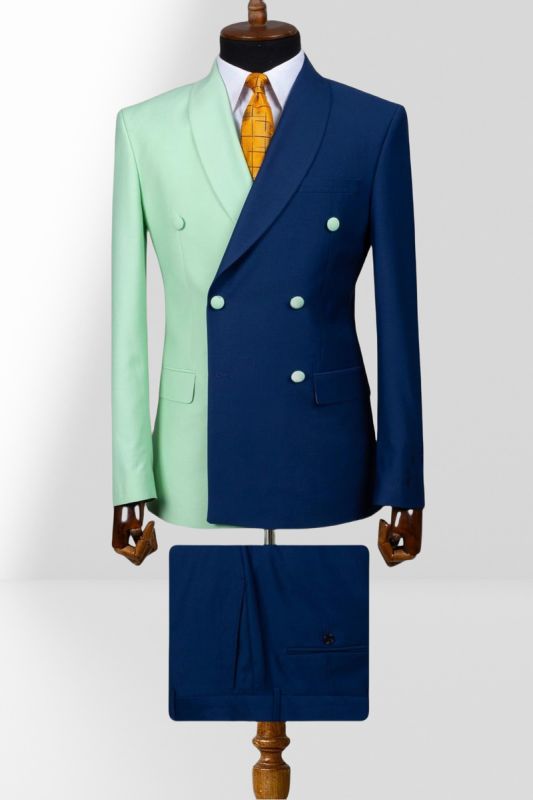 Mint Green And Dark Blue Double Breasted Shawl Collar Slim Mens Two Piece Suit