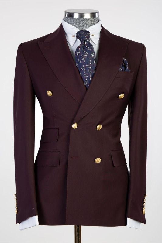 Fashionable pointed lapel burgundy double breasted men's suit