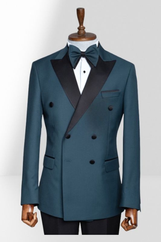 Teal Peak Collar Double Breasted Men Peak Collar Two Piece Suit