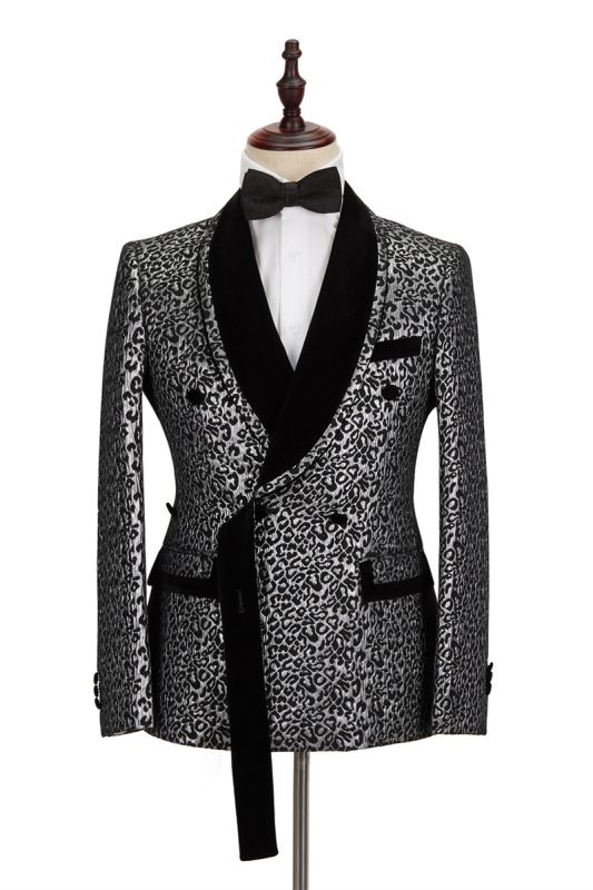 Black Stitching Silver Leopard Jacquard Mens Suit | Shawl Lapel Double Breasted Wedding Suit for Formal with Shirt
