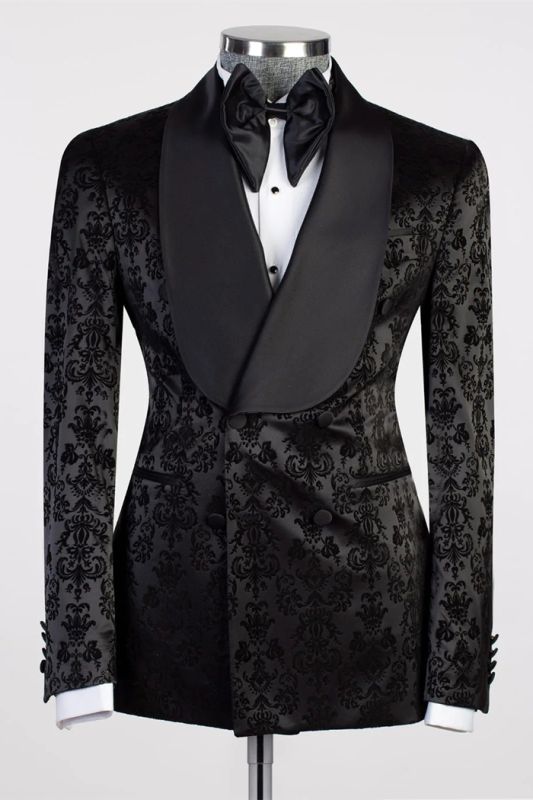 Slim Double Breasted Black Floral Jacquard Shawl Lapel Men Prom Suit