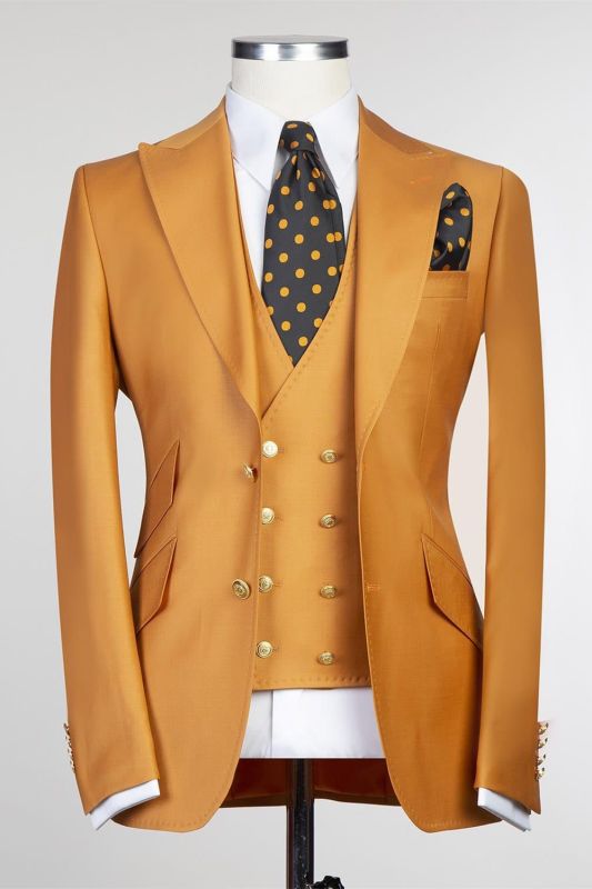 New Dark Yellow Pointed Collar Three-Piece Fashion Men Suits