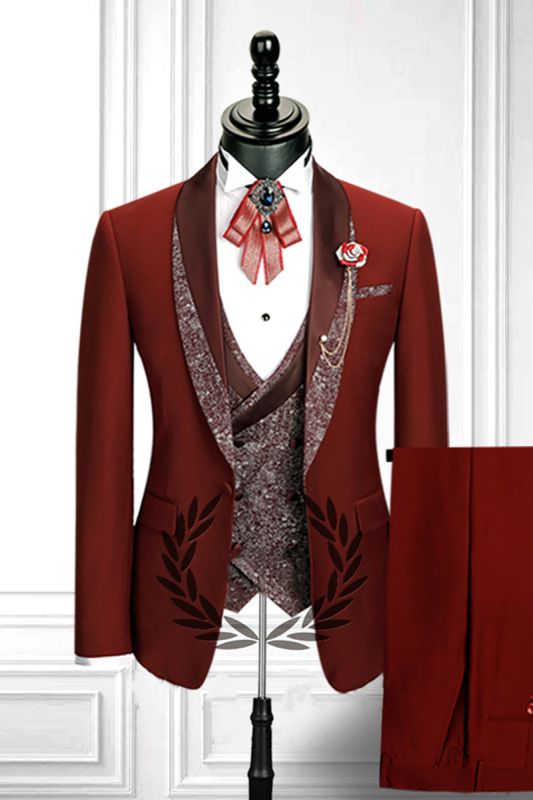 Red Three Piece Stitching Lapel Stylish Double Breasted Waistcoat Men Formal Suit