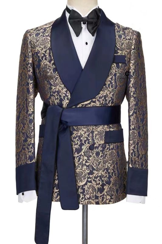 Navy Blue Men Robe Suit Shawl Two Piece Set | Belted Banquet Suit