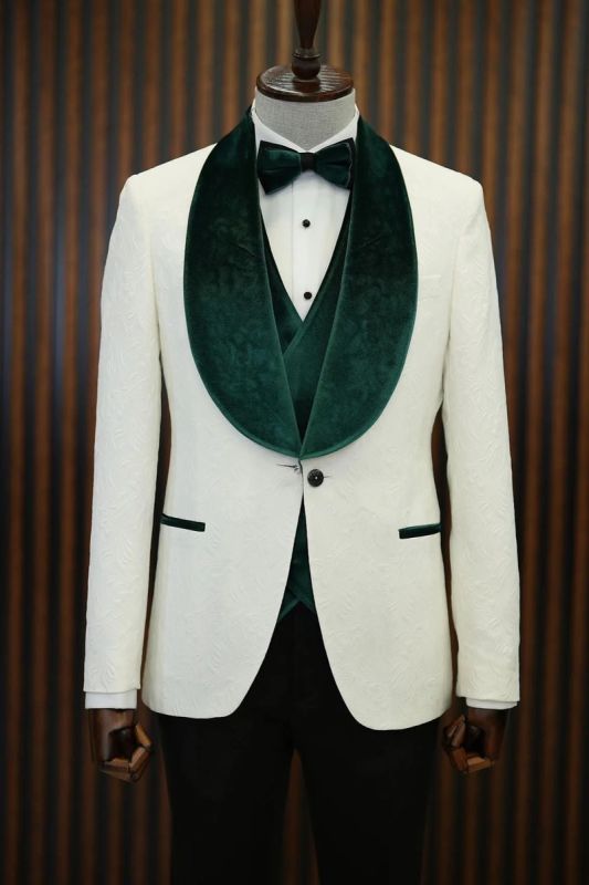 Brady Green Velvet Shawl Lapel Jacquard Mens Slim Three Piece Tuxedo Suit