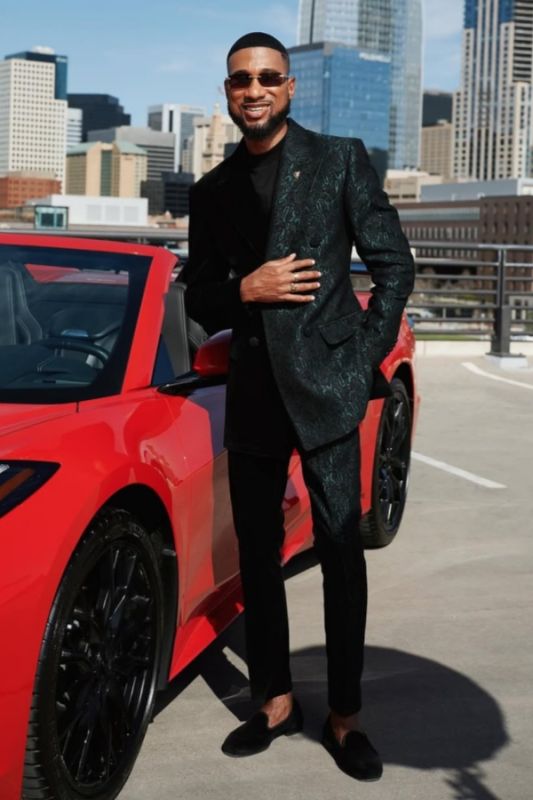 Brady Special Dark Green Two Piece Jacquard Double Breasted Prom Suits