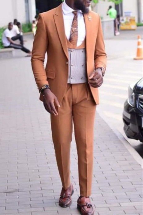 Men Caramel Slim Fit Dinner Suit |  Formal Custom Prom Suit Tuxedo Three Piece