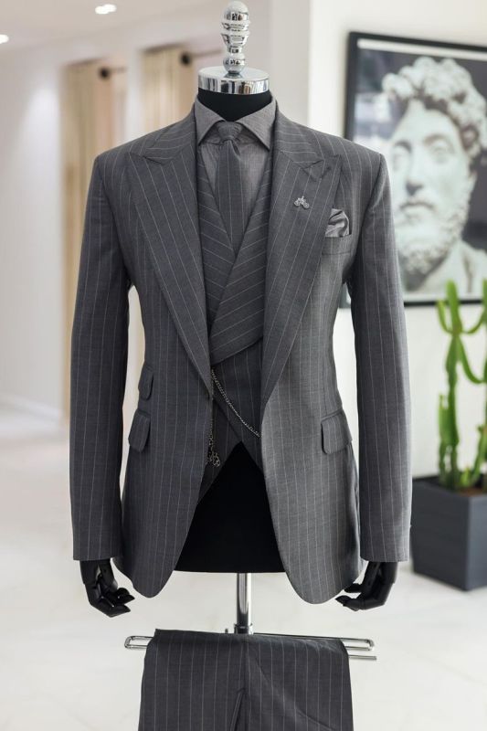 Billy Grey Peak Lapel Three-Piece Striped Business Suit