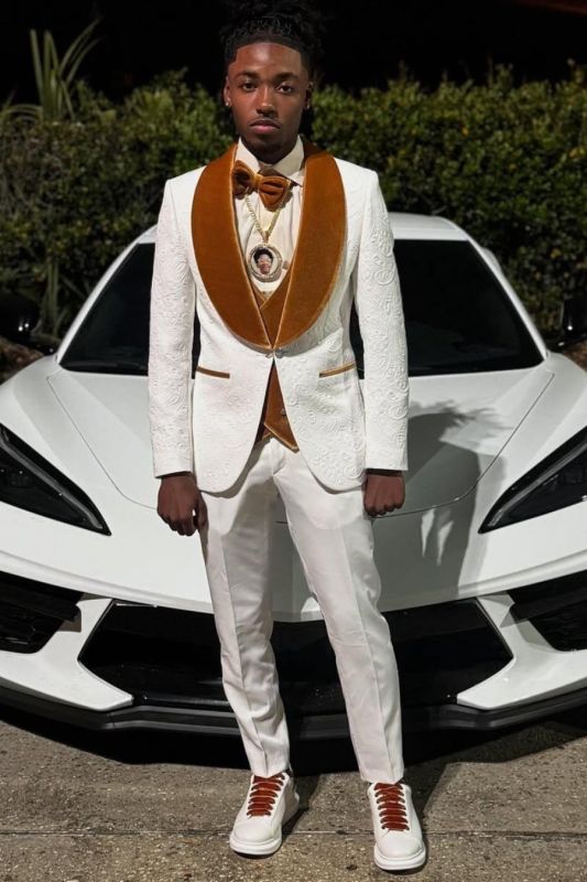 Howard White Jacquard 3-Piece Prom Suit With Velvet Vest | Bradymensuit